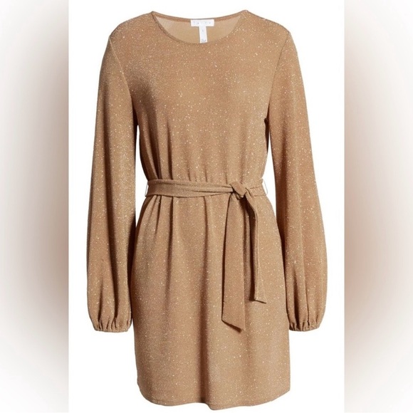 Leith Sparkle Tie Waist Long Sleeve Mini Dress in Tan - Picture 5 of 12